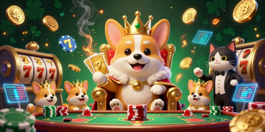 Experience the thrilling world of S8 casino gaming with a royal corgi, poker chips, and vibrant game elements.