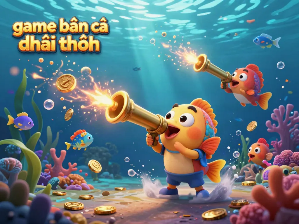 Engage in game bắn cá đổi thưởng with vibrant fish and golden coins in an underwater scene.