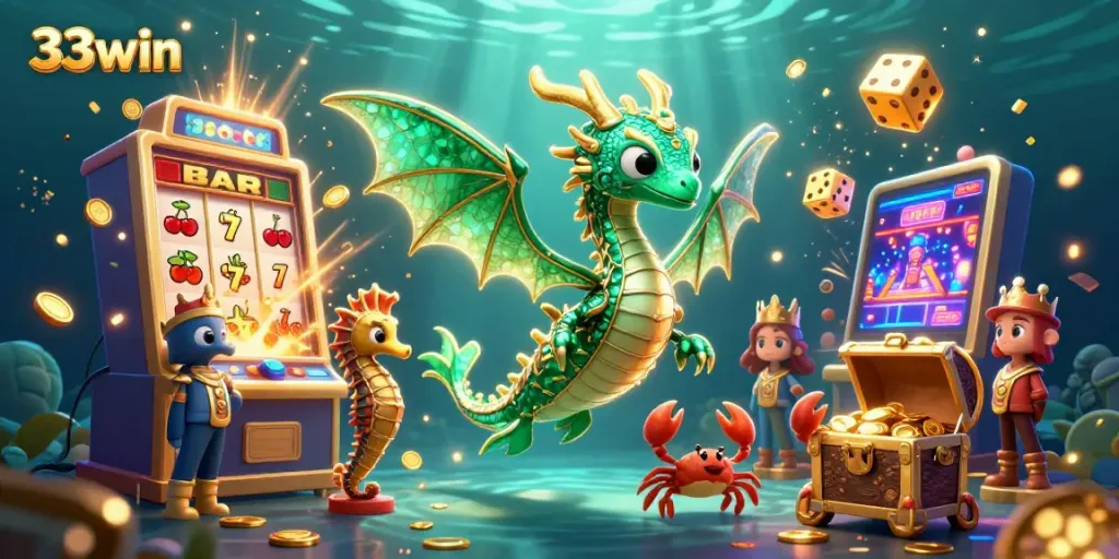 Experience the excitement of 33win with a vibrant underwater casino scene filled with slots and treasure.