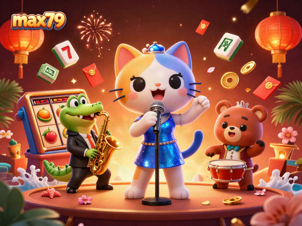 Engage with max79's vibrant casino energy featuring cartoon characters and game symbols.