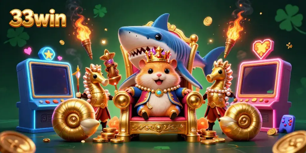 Experience thrilling gameplay at 33win with a vibrant casino-themed illustration featuring a golden hamster king and sparkling slot machines.