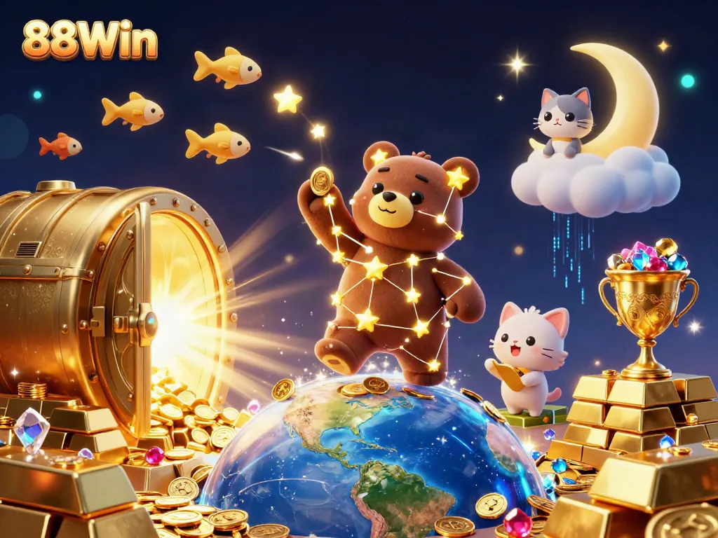 88Win character illustration showcasing a constellation bear, treasure vault, and vibrant gemstones