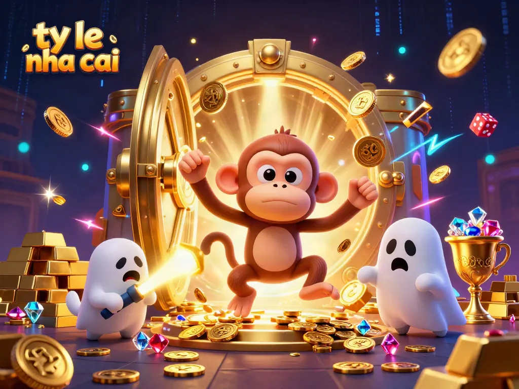 Witness the excitement of ty le nha cai as a mischievous poltergeist monkey juggles golden casino treasures with a ghost-hunting puppy in a vibrant casino.