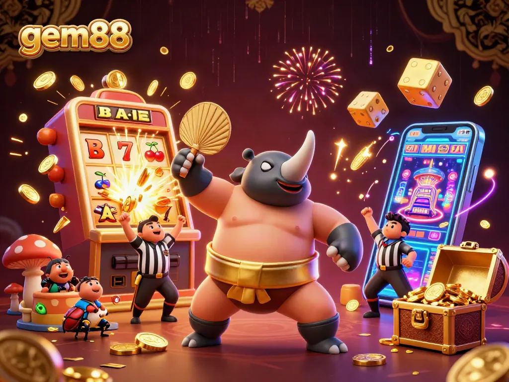 gem88 showcases a vibrant casino scene with a rhinoceros beetle champion surrounded by dynamic game elements and glowing effects.