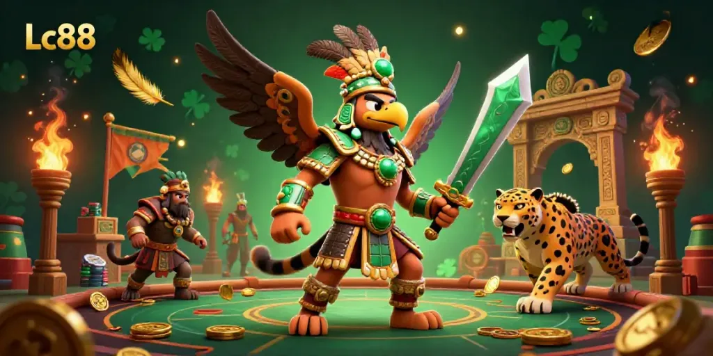 Experience thrilling gameplay with Lc88’s dynamic depiction of Aztec warriors in a vibrant casino scene.