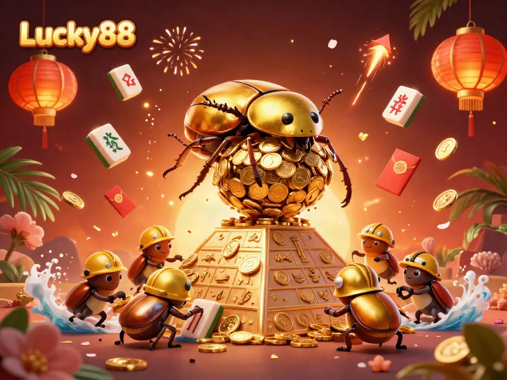 Engage with Lucky88's exciting gaming experience featuring a golden beetle and dynamic casino elements.