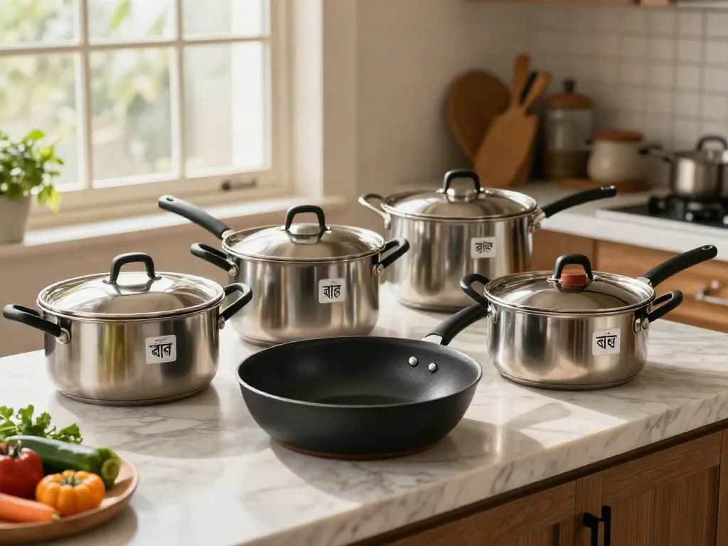Cookware price in bangladesh displayed in a well-lit kitchen featuring various pots, pans, and fresh ingredients ready for cooking.