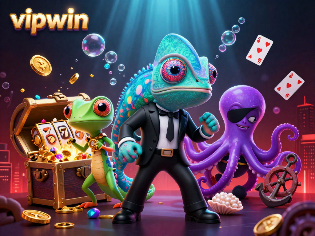 Engage with vipwin in a vibrant underwater casino scene featuring dynamic characters and exciting gambling elements.